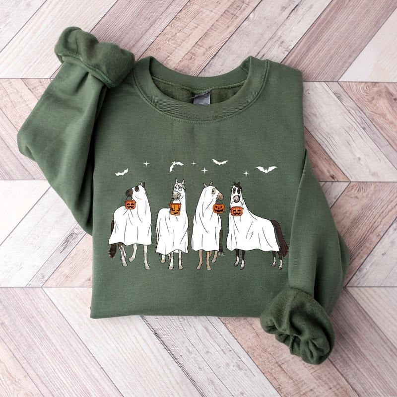 Horse Ghost Sweatshirt, Halloween Sweatshirt, Horse Lover Gift, Cute Ghost Shirt, Spooky Horse Sweater, Horse Halloween...
