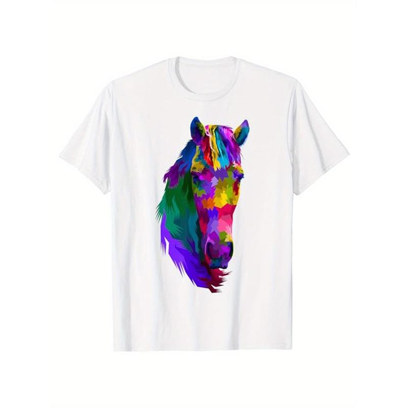 Horse Print Men's Cotton Top, Casual Short Sleeve Crew Neck T-shirt, Men's Clothing For Outdoor made in usa Hoodie Sweatshirt