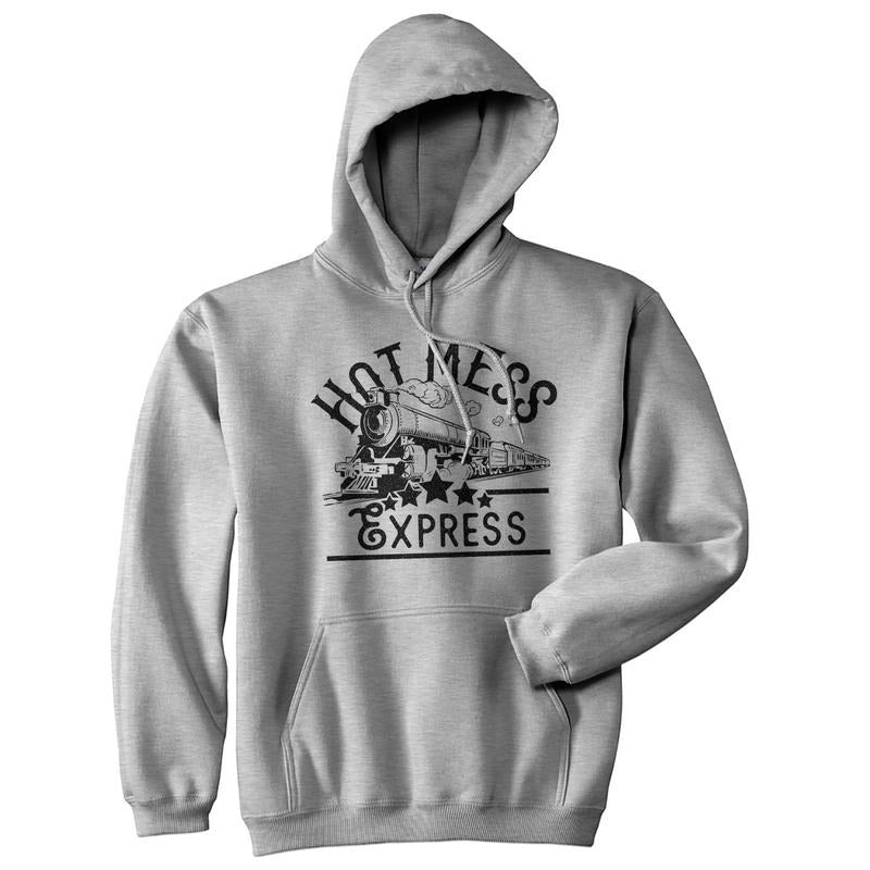 Hot Mess Express Hoodie Funny Party Hangover Train Hooded Sweatshirt (Heather Grey)