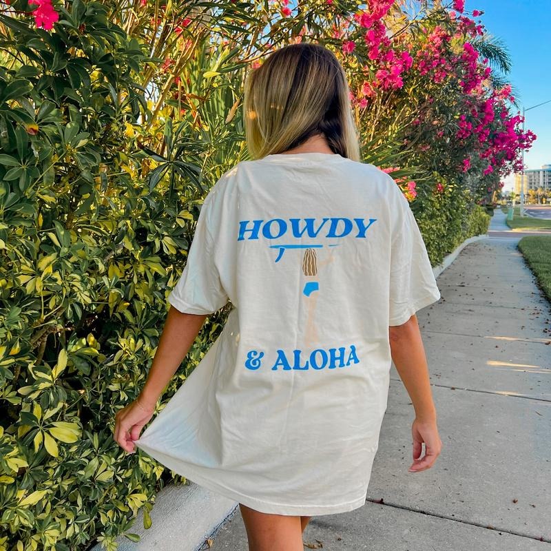 Howdy & Aloha Shirt, Coastal cowgirl aesthetic, cowgirl beach days, beach oversized t-shirt Comfort Cotton Hoodie Sweatshirt