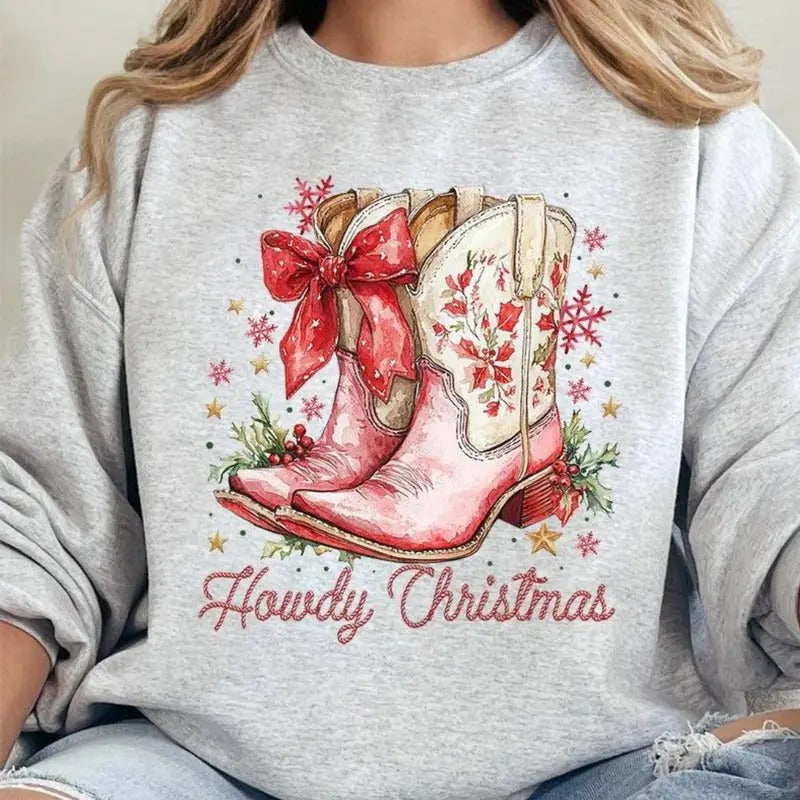 Howdy Christmas Coquette Boots Heavy-weight Crew Sweatshirt Christmas 2024 Shirt Hoodie | PrintMintTees.com