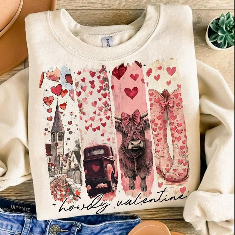 Howdy Valentine Coquette Sweatshirt, Valentines , Highland cow Sweatshirt, valentinesbow cupid Sweatshirt, Shirt Hoodie
