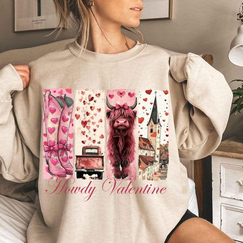 Howdy Valentine Coquette Sweatshirt, Valentines s, Highland cow , Valentines  , valentinesbow cupid , Western Shirt Hoodie