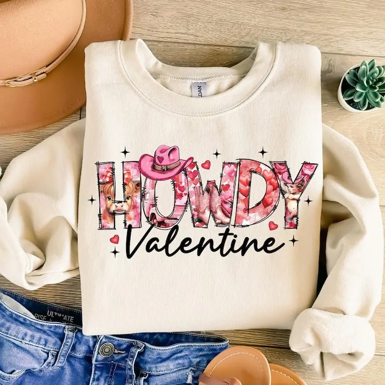 Howdy Valentine Sweatshirt Western Valentines , XOXO , Retro Valentine Hearts , Highland Cow , Baby Cupid , Love Shirt Hoodie