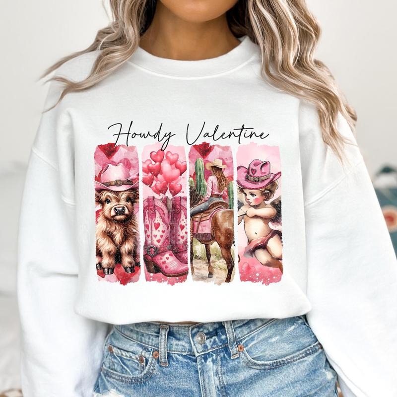 Howdy Valentine Sweatshirt, Western Valentines Sweatshirt, Highland Cow Sweatshirt, XOXO Sweatshirt, Retro Valentine...