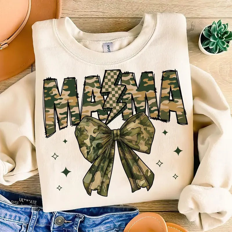 Hunting Mama Camo Bow Tee, Hunting Season Camo Bow Deer Duck Mama Sweatshirt Hoodie | PrintMintTees.com
