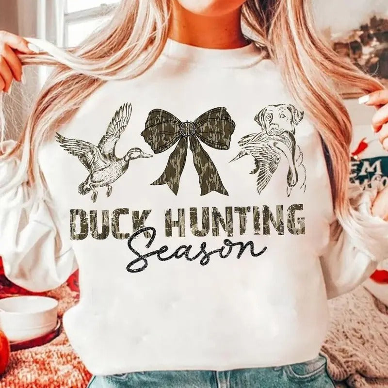 Hunting Season Duck and Dog Camo Coquette Bow Sweatshirt, Old School Camo Girls Shirt Top Hoodie | PrintMintTees.com