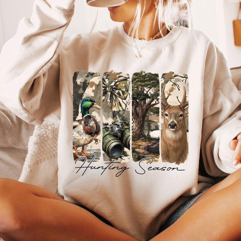Hunting Season, Camo Coquette Bow, Deer Hunting Graphic Sweatshirt Casual Fleece Sweatshirt Tops Trendy For Women For Men...