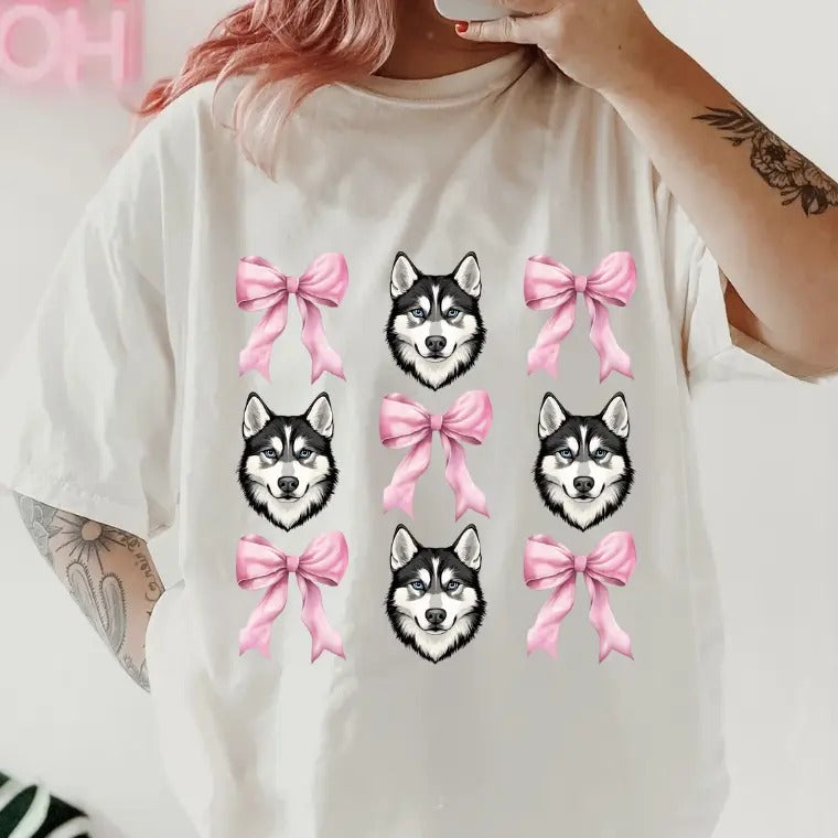 Husky with bows Shirt ~ Unisex Apparel Relaxed Fit Printed In The USA Clothing Womenswear Casual Comfort Cotton Top...