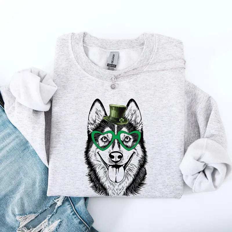 Husky, Adorable Dog, St Patrick's Day, Lucky, Irish Sweatshirt, Crew Neck, Women's, Crewneck Shirt Hoodie | PrintMintTees.com