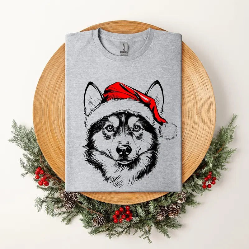 Husky, Santa, Dog, Christmas, Dog Lover, Pet T-Shirt, Soft Style Tee, Women's Graphic Tshirt Hoodie, Sweatshirt