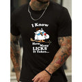"I Know How Many Licks It Takes" Letters And Cartoon Owl Print Crew-Neck Men's Short-Sleeved T-Shirt, Slightly Stretchy, Casual And Comfortable Top, Perfect For Outdoor Fitness And Everyday Wear