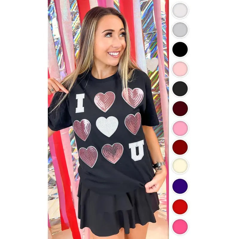 I Love You  Sequin Valentine Heart Graphic T-Shirt Hoodie Sweatshirt | PrintMintTees.com