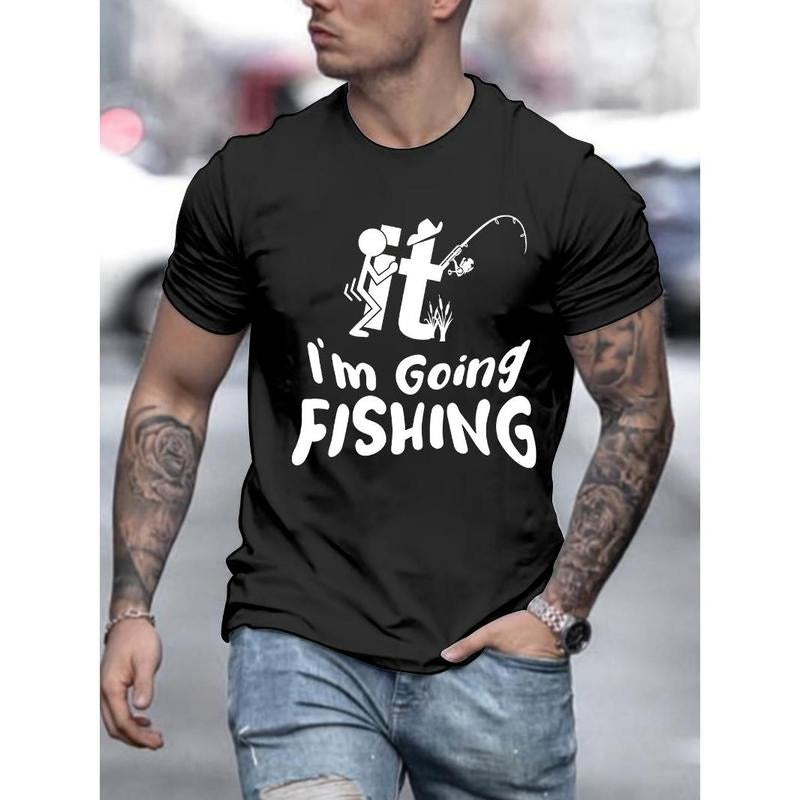 I'M GOING FISHING Print Short Sleeve Casual T-shirt Men's Comfy Summer Outfit Made in USA Hoodie Sweatshirt