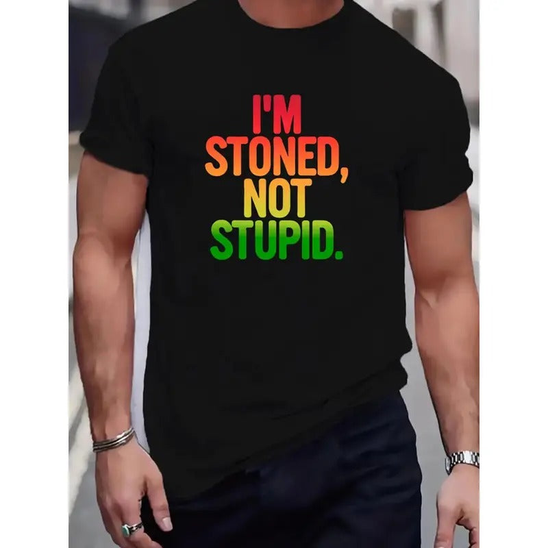 I'M STONED, NOT STUPID Text Printed Men's T-shirt - Summer Men's Fashionable Casual Comfortable Soft Daily Home Outdoor...