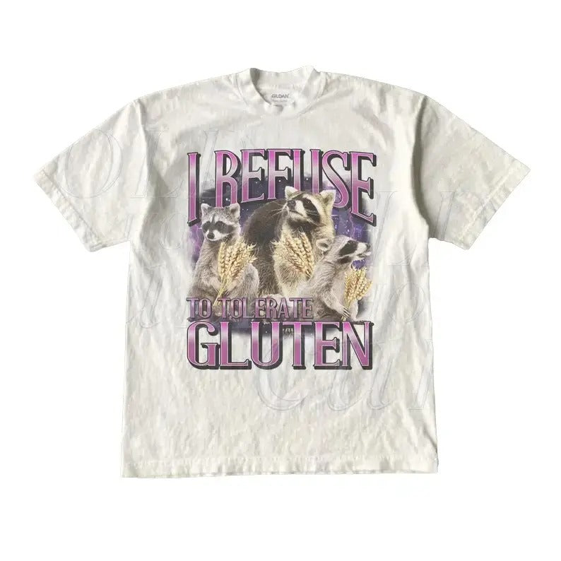 I Refuse To Tolerate Gluten Graphic Tshirt, Unisex Funny Retro Raccoon Shirt, Funny Meme Tee, Vintage Style Cotton...