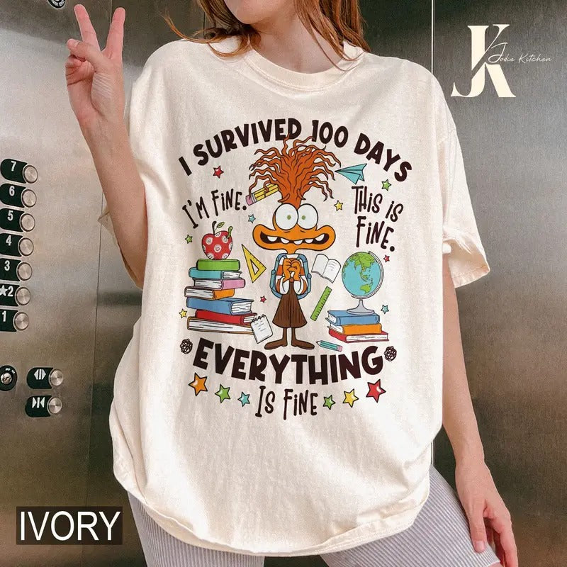 I Survived 100 Days Of School Anxiety Shirt,Emotions Cartoon School Tee,100 Days Celebration Shirt,Teacher Gift,One...