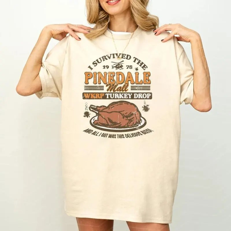 I Survived The Thanksgiving Day Wkrp Turkey Drop Shirt, In Cincinnati Movie, Unisex Short Sleeve Tee Hoodie Sweatshirt