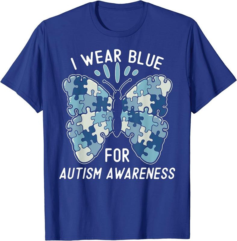 I Wear Blue For Autism Awareness Blue Puzzle Butterfly T-Shirt | Unisex Cotton Tee, Size S-3XL Hoodie, Sweatshirt