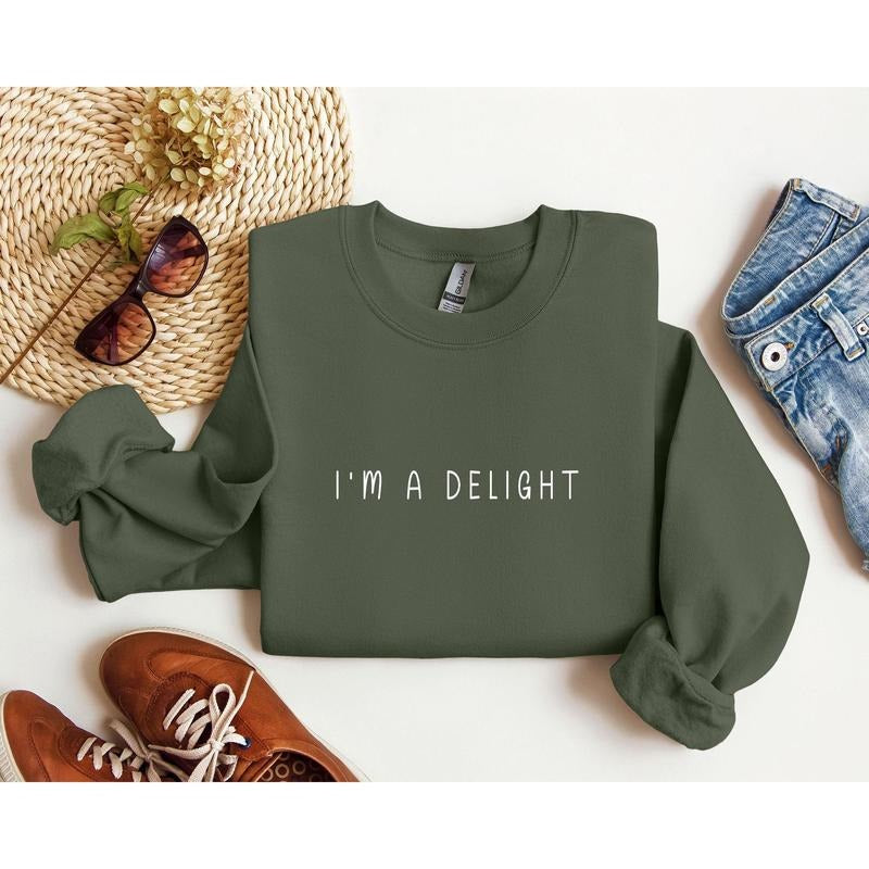 I'm A Delight Minimal Funny Sweatshirt, Sarcastic College Sweatshirt, Women's Crew Neck, Crewneck Shirt Hoodie