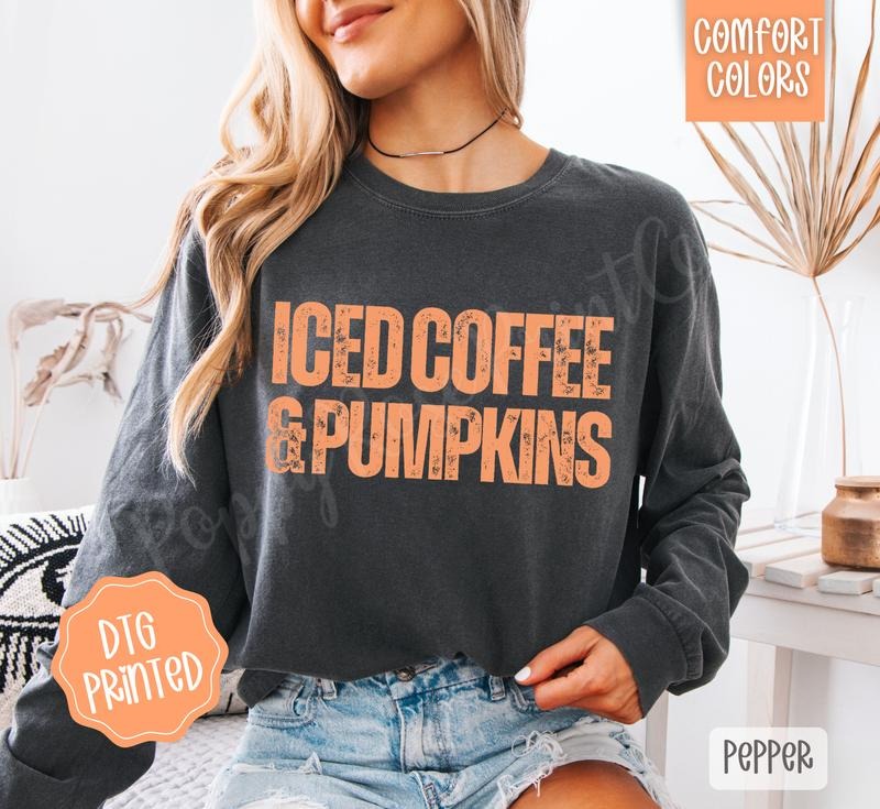 Iced Coffee & Pumpkins Comfort Colors Long Sleeve T-Shirt, Cute Women's Fall Tee Hoodie Sweatshirt | PrintMintTees.com