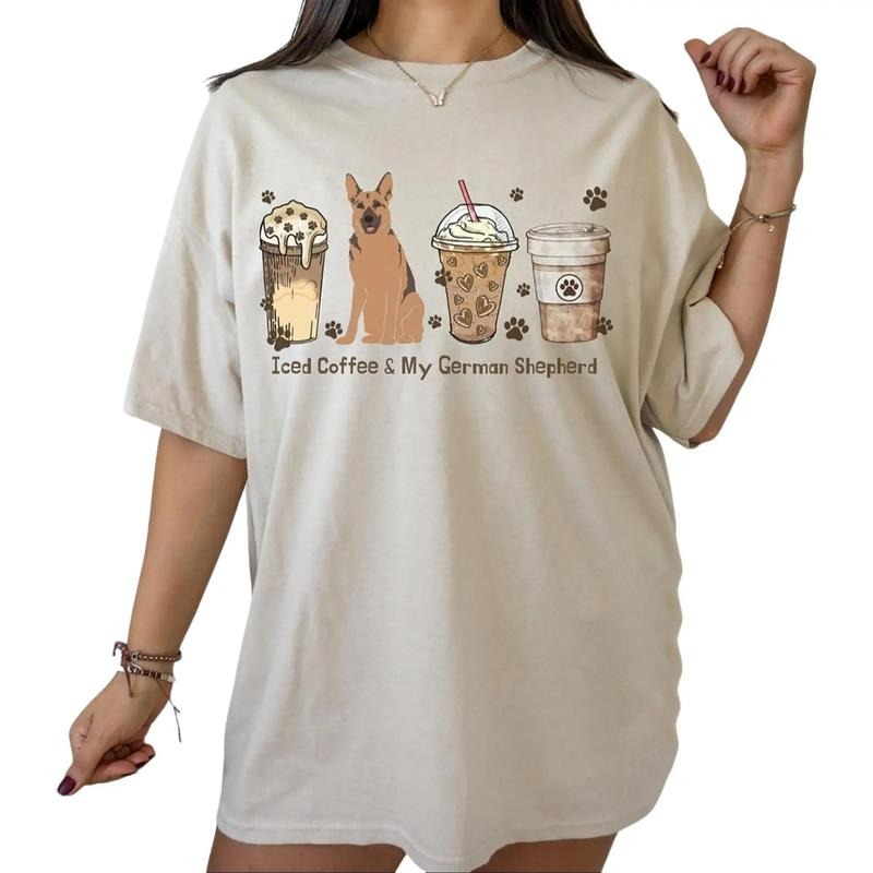Iced Coffee and My German Shepherd Cotton T-Shirt, German Shepherd Mom Shirt, Dog Mama Shirt  Menswear Top Underwear Man...