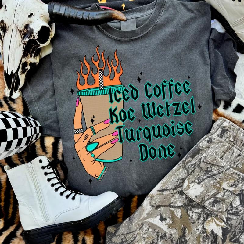 Iced Coffee, K W, Turquoise shirt, vintage crewneck sweatshirts, western outfit women, cowgirl outfits, western clothing...