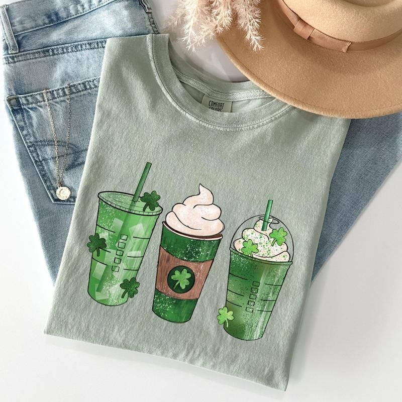 Iced Coffees, Drinks, Shamrocks, St Patrick's Day Comfort Colors Tshirt, Women's Crew Neck, Crewneck Hoodie Sweatshirt