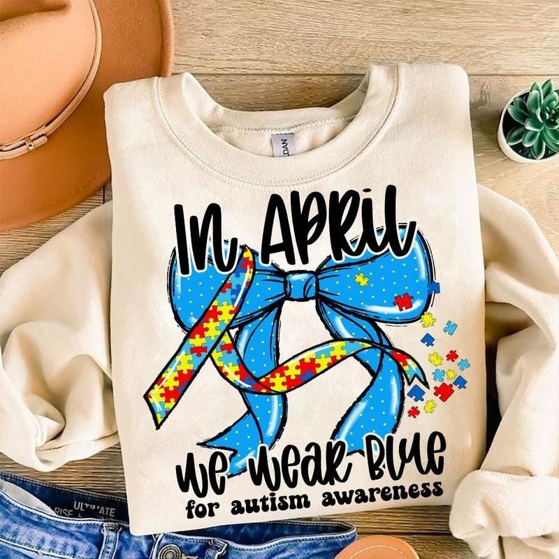 In April We Wear Blue shirt, Autism Awareness Coquette Sweatshirt, Autism Bow shirt, Autism Mama Shirt, Special...