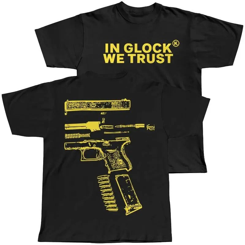 In Glock We Trust Double Sided Tee T-shirt, Full Color, For Men Hoodie Sweatshirt | PrintMintTees.com