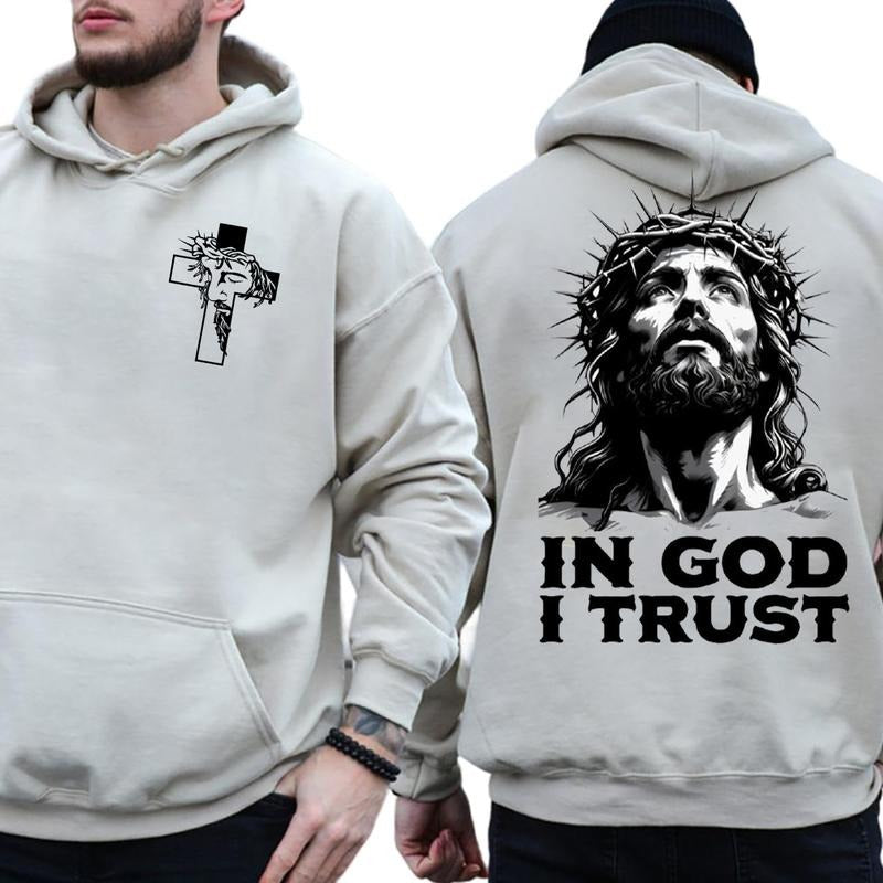 In God I Trust Jesus 2 Sided Graphic Hoodie Fleece Fabric Casual Hooded Sweatshirt Trendy Tops Perfect Gift Shirt