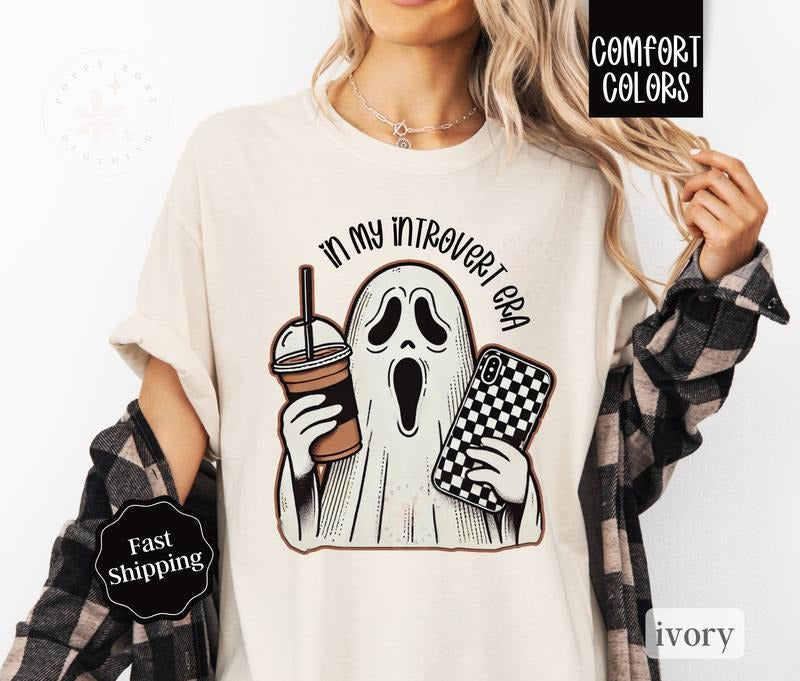 In My Introvert Era Shirt Comfort Colors, Ghost Halloween Shirt,  October Vibes Shirt for Women Oversized Crewneck Tee...