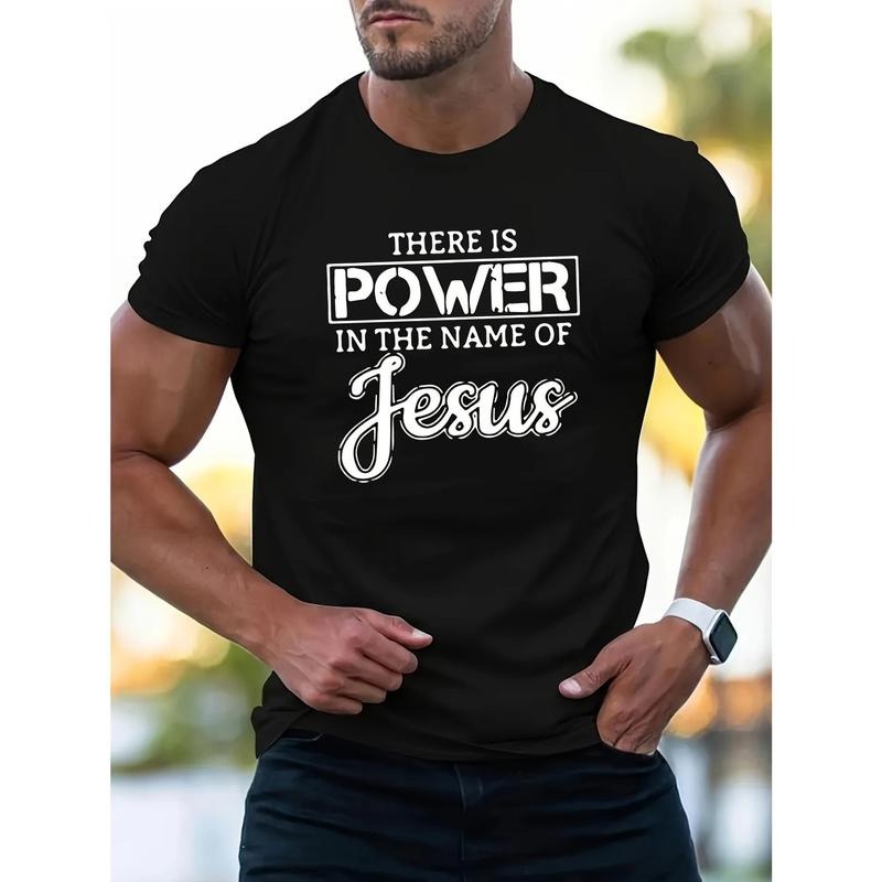 In the name of Jesus, there is power. Printed men's thick 220g cotton round neck short sleeved T-shirt, casual T-shirt,...