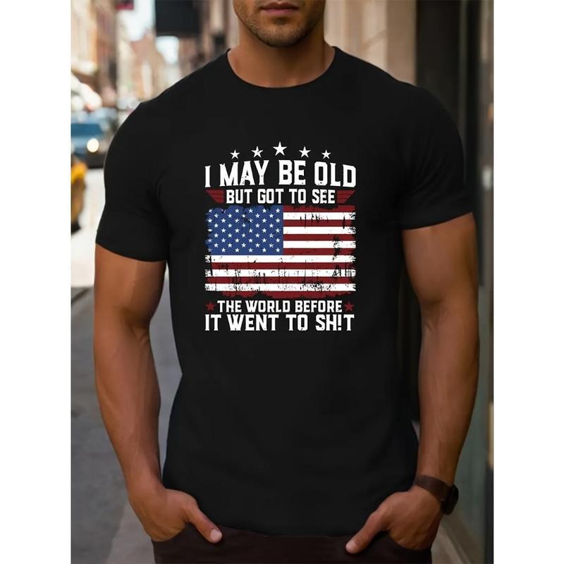 Independence Day, men's boutique hick pure cotton T-shirt, fashionable and casual combed pure cotton short sleeved round...