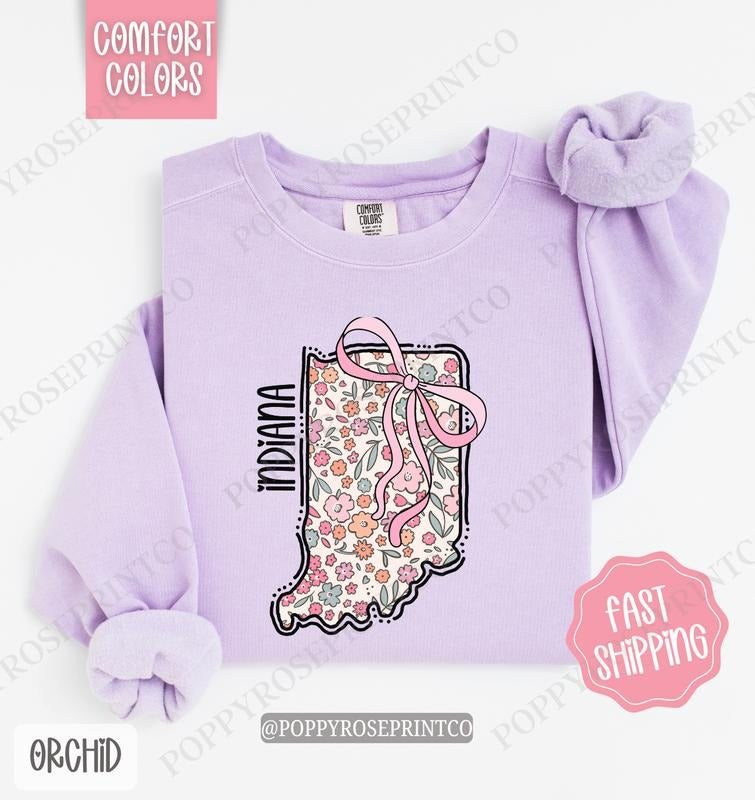 Indiana Floral Comfort Colors Sweatshirt, Indiana Sweatshirt, Cute Bow Indiana Sweatshirt T-Shirts, Hoodie