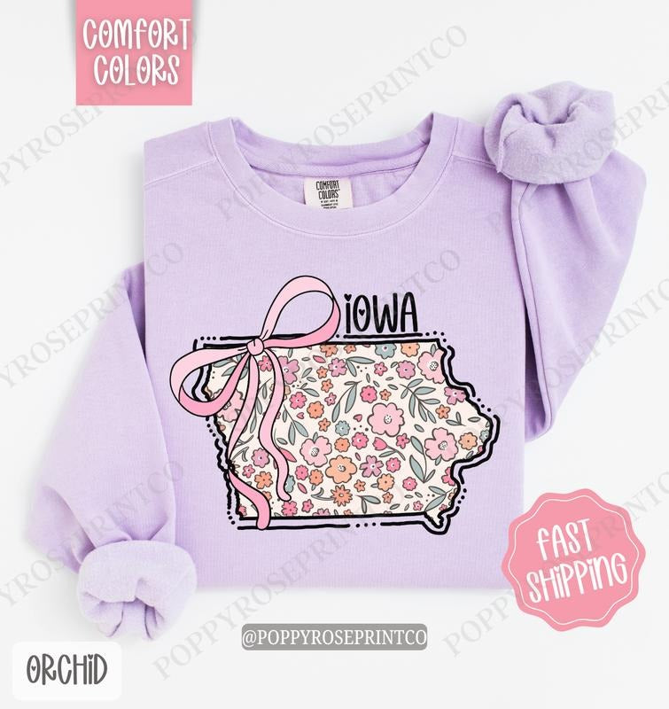 Iowa Floral Comfort Colors Sweatshirt, Iowa Sweatshirt, Cute Bow Iowa Sweatshirt T-Shirts, Hoodie | PrintMintTees.com