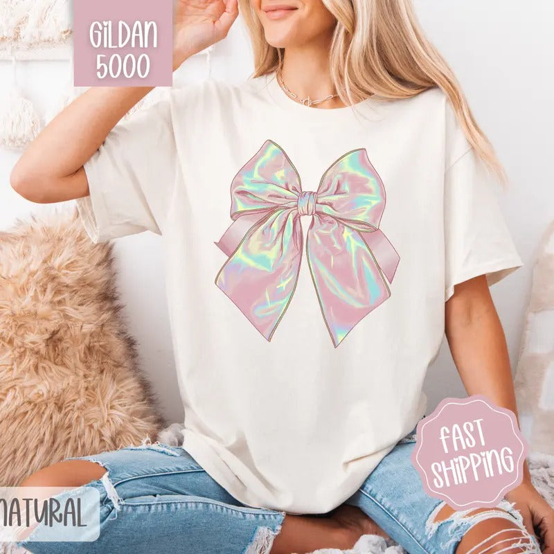 Iridescent Coquette Bow Gildan, Bow Women's Tee, Cute Women's Tshirt Plus Sizes Hoodie Sweatshirt | PrintMintTees.com