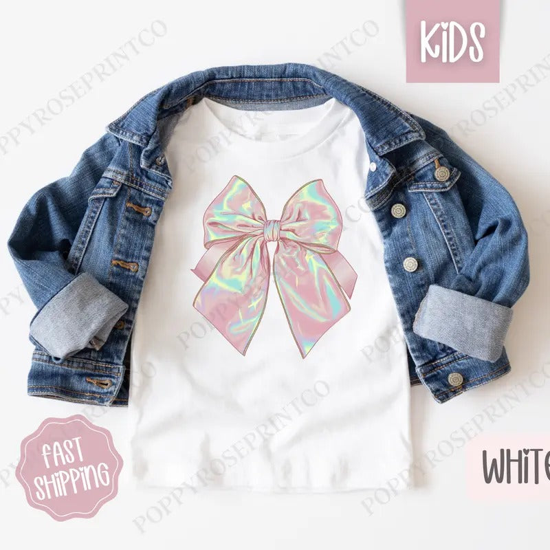 Iridescent Coquette Bow Kids Shirt, Bow Children's Shirt, Cute Youth Tee Gildan Hoodie, Sweatshirt | PrintMintTees.com