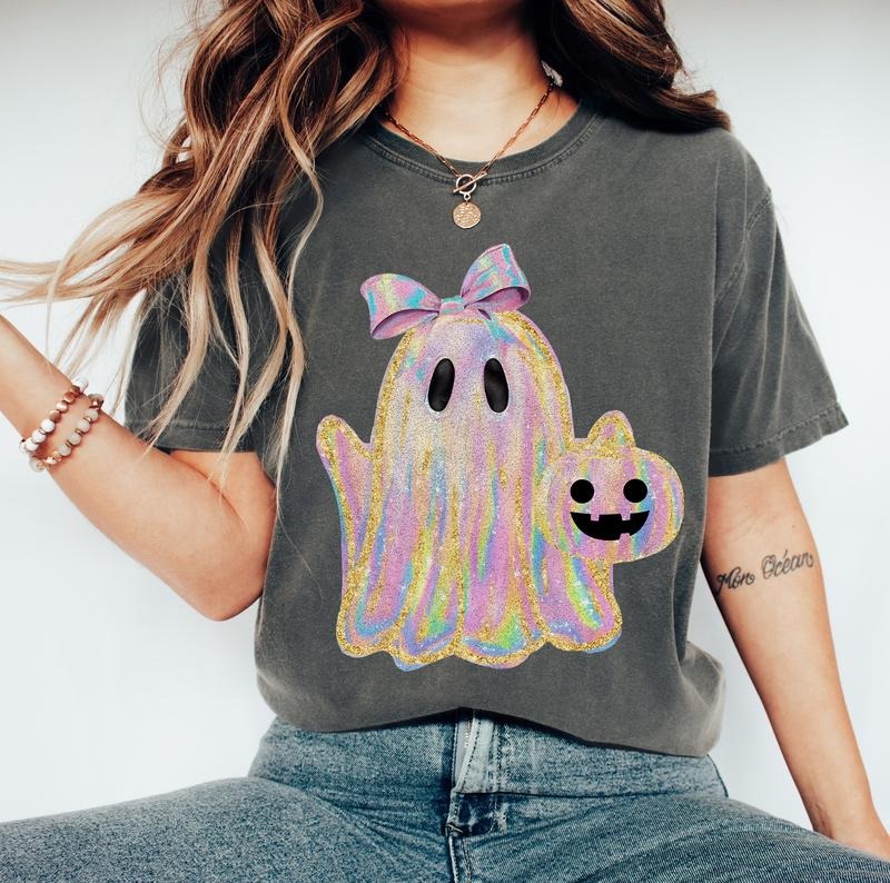 Iridescent Ghost Pumpkin Comfort Colors Shirt, Coquette Halloween Tee, Iridescent Ghost Pumpkin Shirt, Girly Halloween...