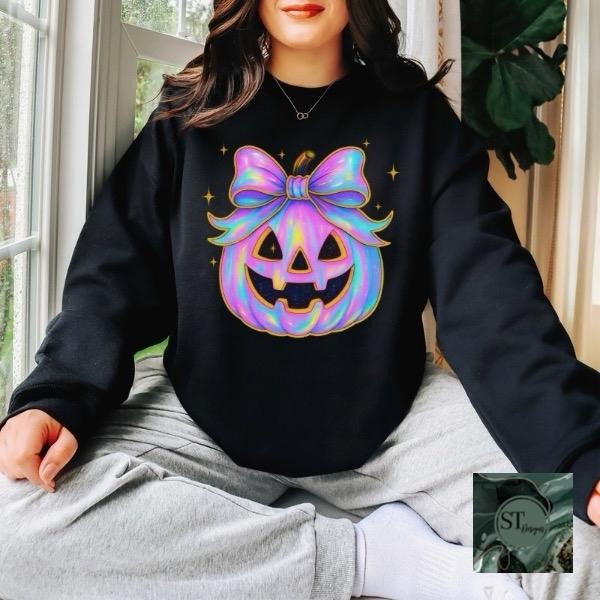 Iridescent Pumpkin Sweatshirt  Womenswear  Black  Crewneck  Pullover graphic halloween Shirt Hoodie | PrintMintTees.com