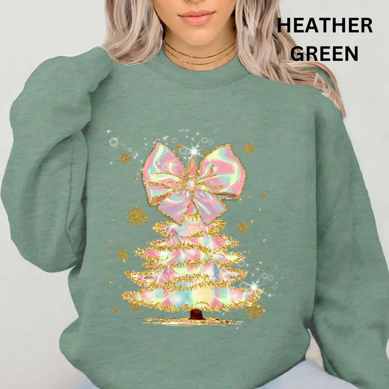 Iridescent Shimmer Christmas Tree Sweatshirt Christmas Winter Graphic Casual Cotton Polyester Oversized sweatshirt
