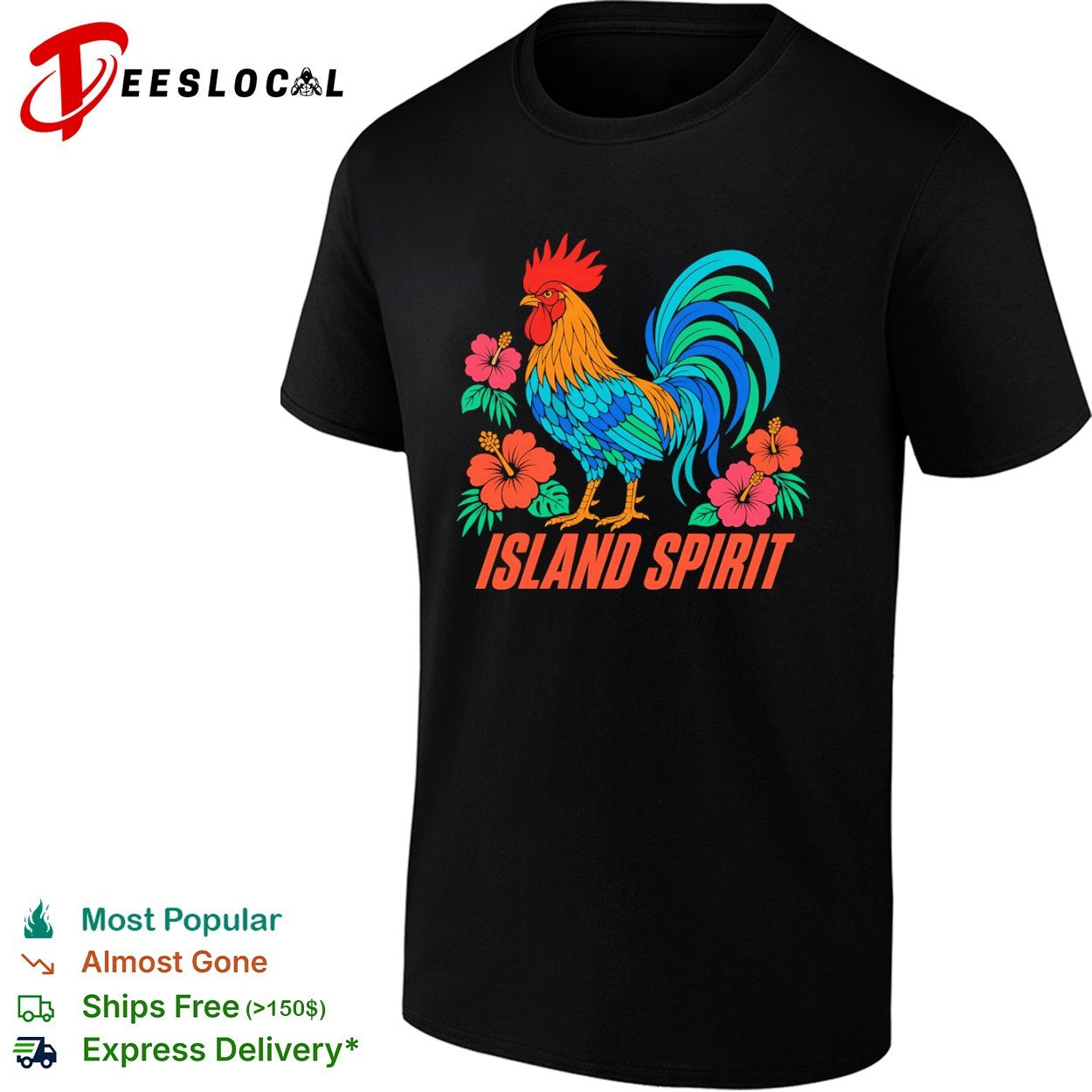 Island Spirit rooster with hibiscus flowers shirt