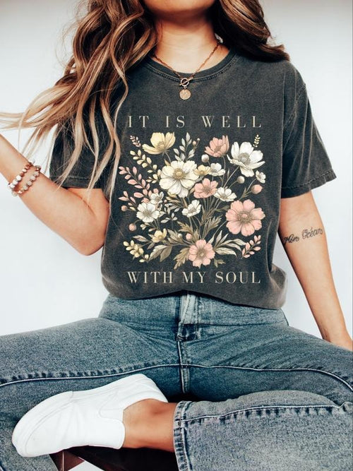 "It Is Well With My Soul" Vintage Floral Tee - Women's Distressed Dark Gray Inspirational T-Shirt Hoodie Sweatshirt