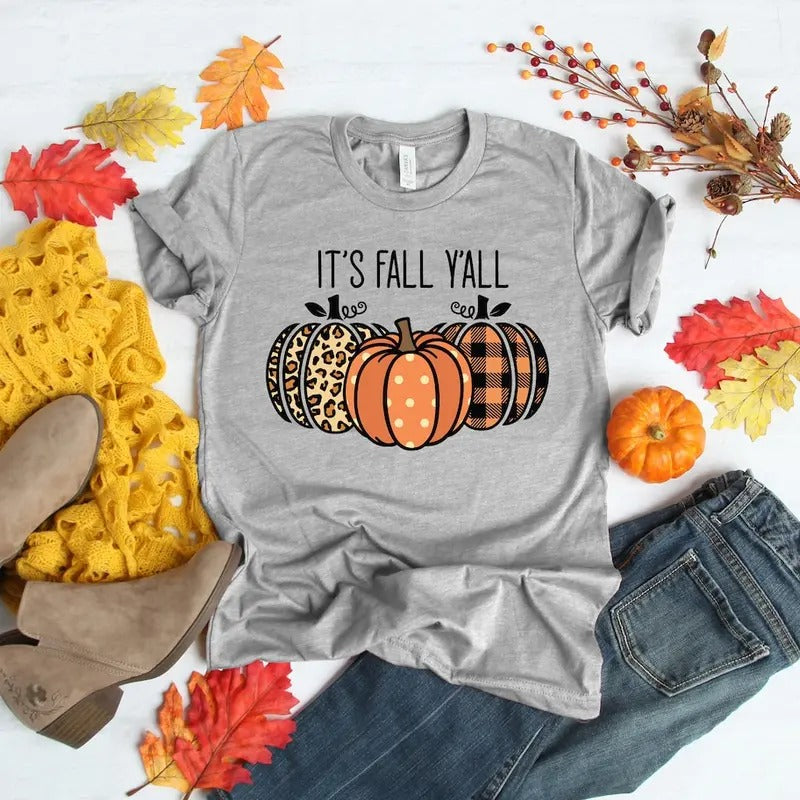 It's Fall You All Shirt - Grey Crewneck T-Shirt with Pumpkin and Plaid Design, Casual Thanksgiving Men's Top, Polyester...