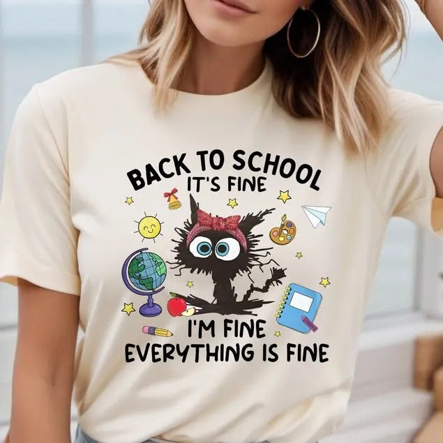 It's Fine I'm Fine Everything Is Fine Black Cat Teacher Shirt, Funny Kindergarten Teacher Shirt, Funny Teacher Gifts...