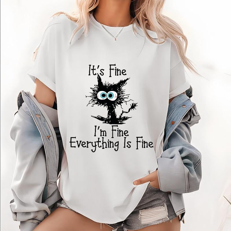 It's Fine I'm Fine Everything Is Fine Shirt, Cute Black Cat Tee, Sarcasm T-Shirt, Everything Is Fine, Funny Cat Tee,...