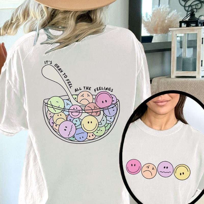 It's Okay To Feel All The Feels Print T-Shirt, Feeling Pattern Short Sleeve Tops Gift for Her, Mother's Day Tee, Gift for...