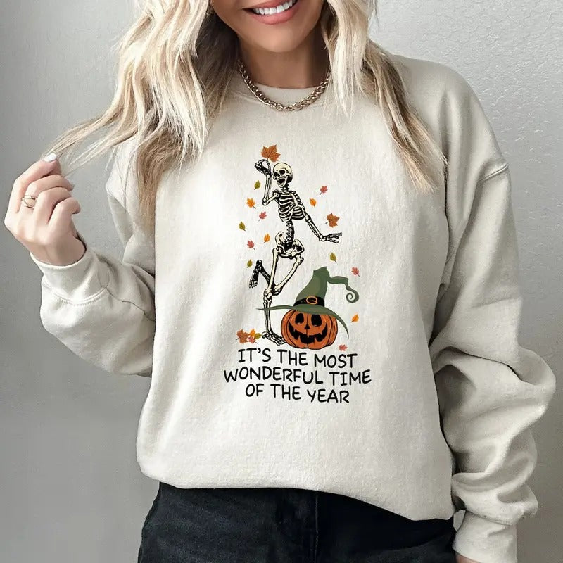It's the Most Wonderful Time of The Year Halloween Sweatshirt, Skeleton Sweatshirt Cotton Womenswear Shirt Hoodie
