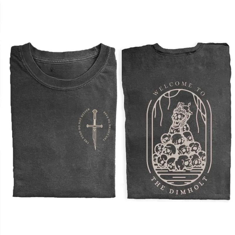 JRR Tolkien Vintage Welcome to The Dimholt Double Sided Graphic Tee - Dimholt Skulls Shirt - Black with Aragorn Design