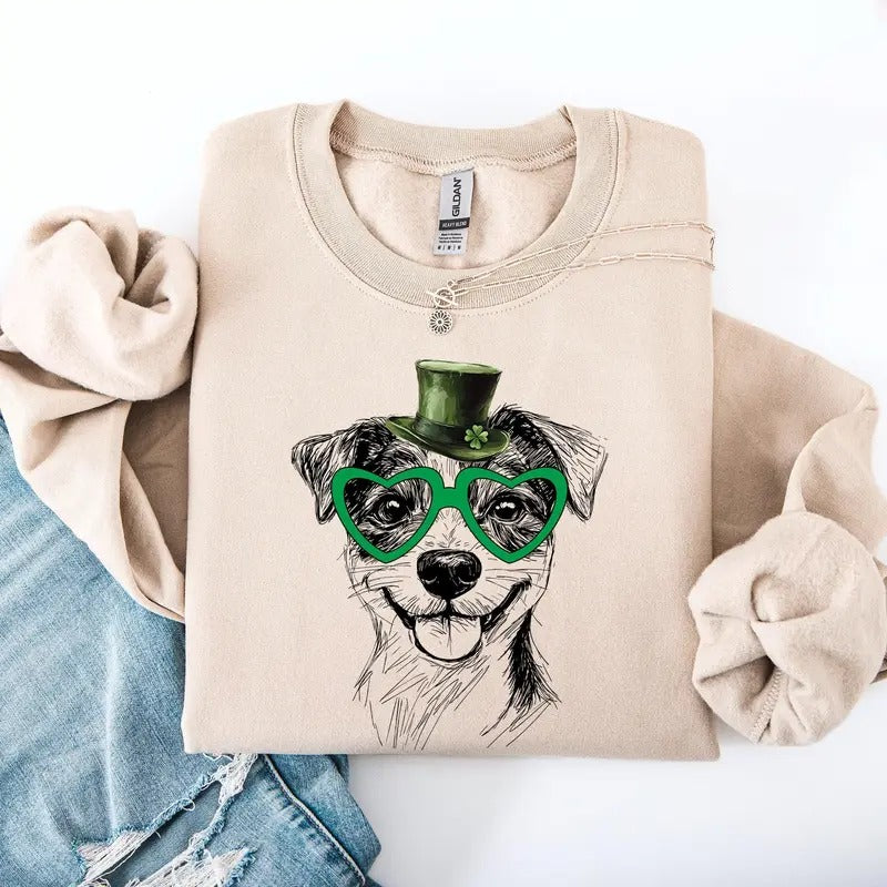 Jack Russell, Adorable Dog, St Patrick's Day, Lucky, Irish Sweatshirt, Crew Neck, Women's, Crewneck Shirt Hoodie